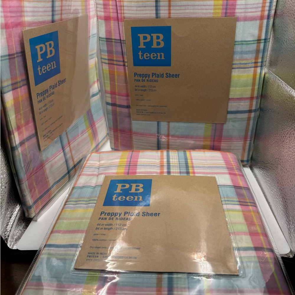 Pottery Barn Teen Pastel Plaid sheer curtains - lot of 3 - 44” x 84”